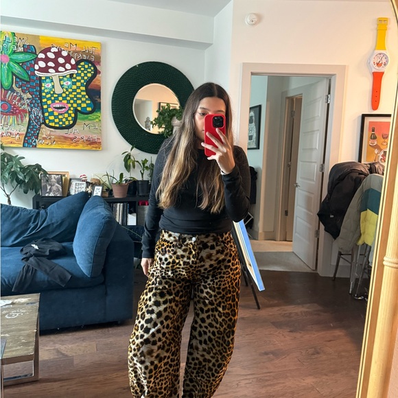 Zara Leopard Print Wide-Leg Jeans - Brown, Black, Cream - Picture 4 of 5